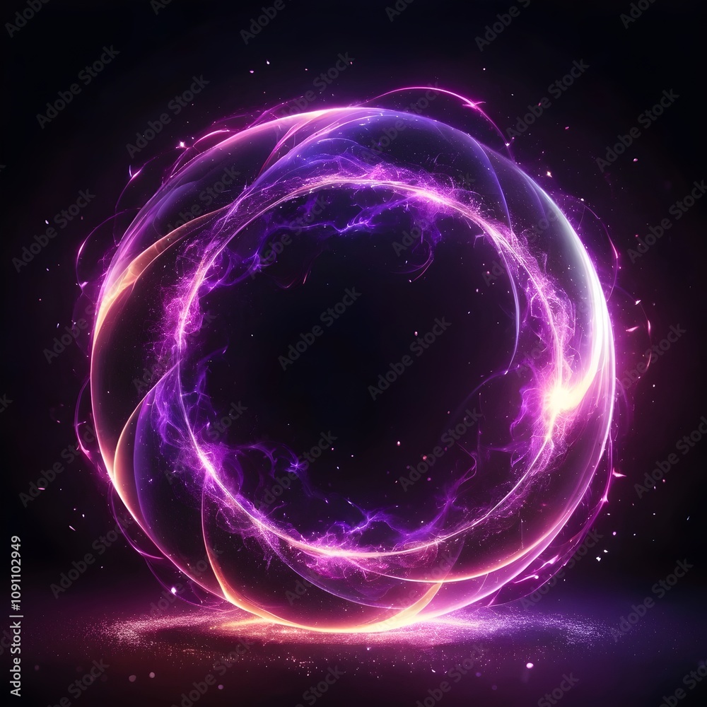 Fototapeta premium Abstract neon energy sphere of particles and waves of magical glowing on a dark background, circle and loop frames with magic purple and pink flame and sparks
