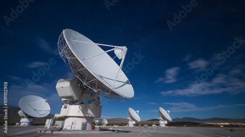 Earth receiving station in a remote desert location, where satellite signals are decoded and transmitted to control centers. The scene symbolizes global connectivity and the seamless flow of informati photo