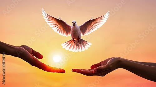 Dove Flying Between Outstretched Hands at Sunset

 photo