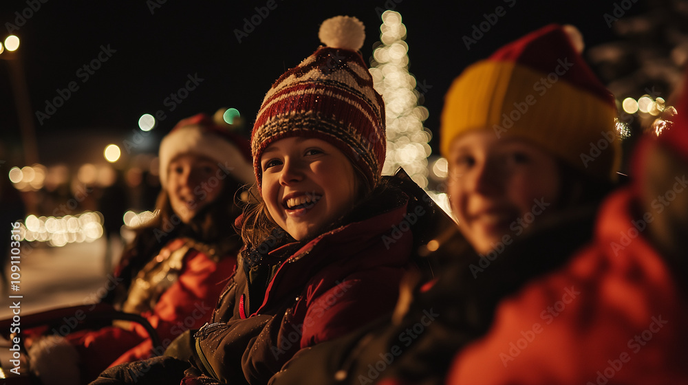 Obraz premium Rovaniemi Christmas Celebration, visitors enjoy the experience of Christmas in the North Pole by riding a reindeer-drawn sleigh, the northern lights shine in the dark night sky, Ai generated images