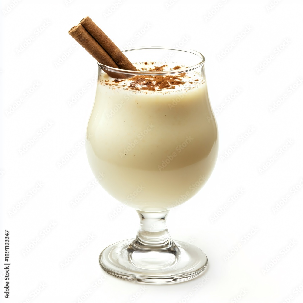 Festive Spiced Eggnog with Creamy Texture and Cinnamon Stick, Isolated on White Festive Spiced Eggnog with Creamy Texture and Cinnamon Stick, Isolated on White