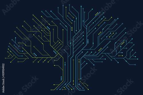Circuit board tree. Tree data technology circuit line. Abstract futuristic circuit board. Futuristic technology design elements. Vector illustration