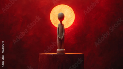 Wooden sculpture with red sun backdrop. photo