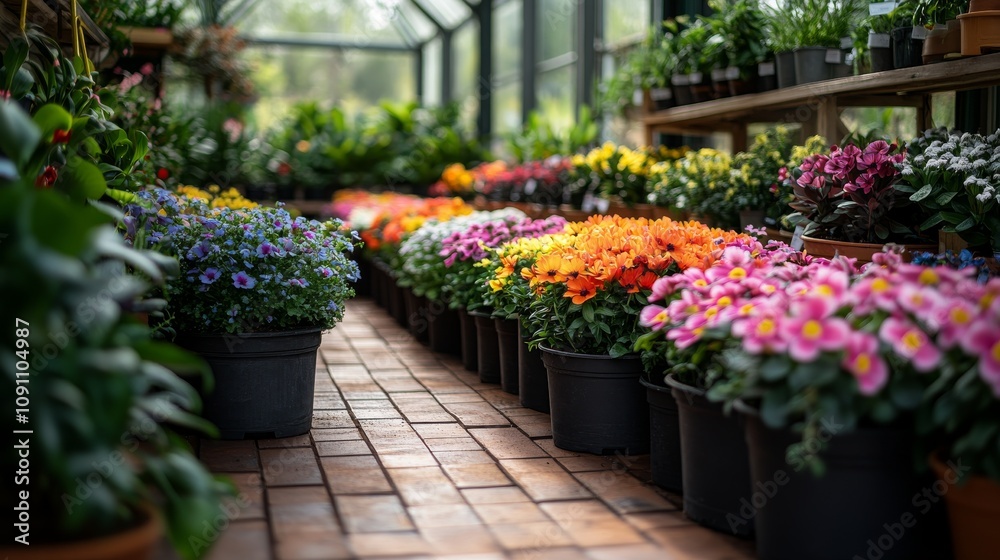 Obraz premium Various bright flowering plants in garden center pots in greenhouse