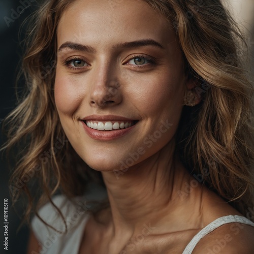 A portrait of a smiling woman with natural makeup and radiant skin.