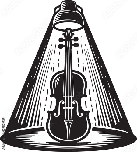 Vintage Violin Under Spotlight, Music Performance Art. A stylized black and white illustration of a violin positioned as if on a stage, bathed in a spotlight.