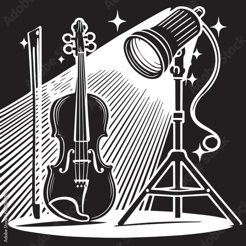 Vintage Violin Under Spotlight, Music Performance Art. A stylized black and white illustration of a violin positioned as if on a stage, bathed in a spotlight.