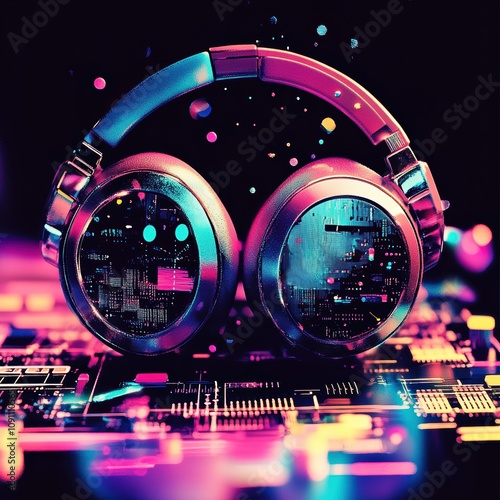 Futuristic headphones surrounded by vibrant digital elements and colors. photo