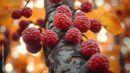 Autumn scene of vibrant red raspberries on a tree trunk with a golden leaf backdrop photo