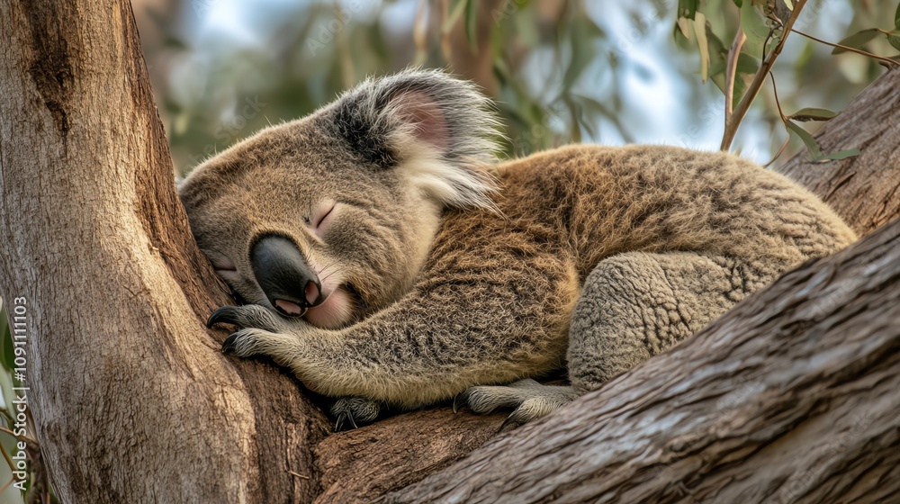 Fototapeta premium A cute koala sleeping peacefully on a tree branch, surrounded by eucalyptus leaves in a tranquil setting.