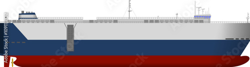 Car Carrier with Midships Ramp. Side profile of a blue and white car carrier. Isolated vector illustration. photo