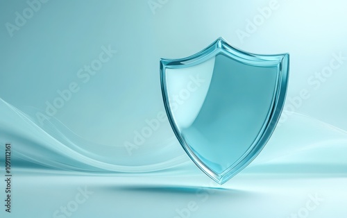 A sleek 3D shield icon with a glass effect, floating on a light blue background with gentle waves. 