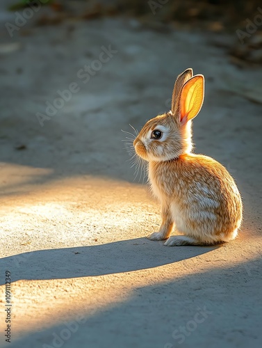 A cute rabbit sitting in soft sunlight, showcasing its fluffy fur and attentive posture in a serene environment. photo