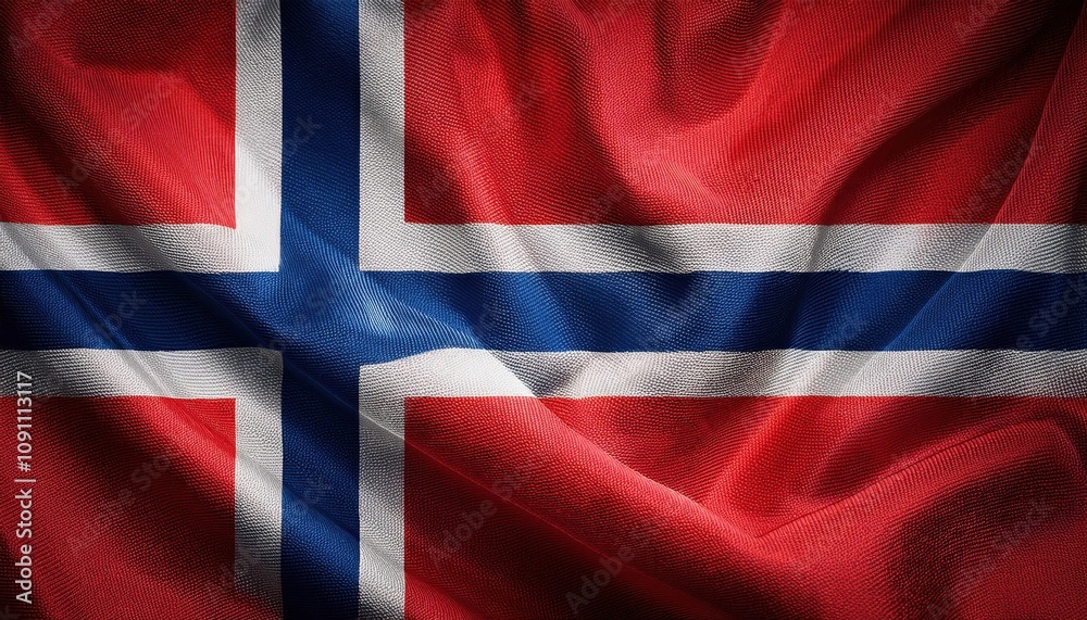 Fototapeta premium Vibrant and Textured Norwegian Flag Waving in the Breeze. Symbol of National Pride and Nordic Heritage. Perfect for Cultural Presentations, Travel Guides, or Scandinavian Themed Projects