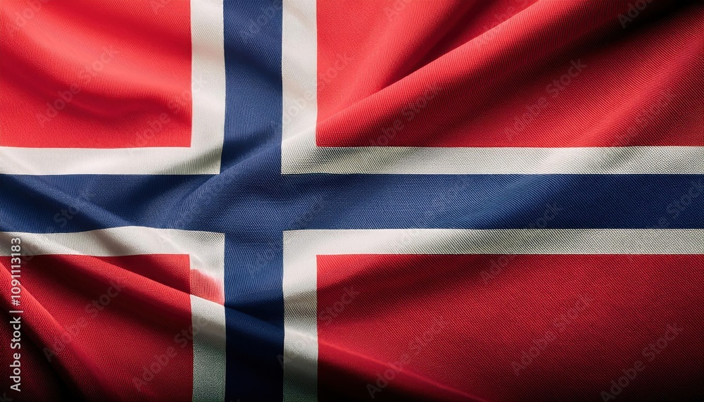 Fototapeta premium Vibrant and Textured Norwegian Flag Waving in the Breeze. Symbol of National Pride and Nordic Heritage. Perfect for Cultural Presentations, Travel Guides, or Scandinavian Themed Projects