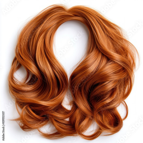 Synthetic wavy hair in a vibrant auburn shade for styling. isolated on white background.