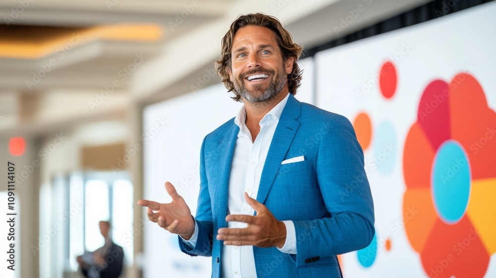 Obraz premium Man in a blue suit is smiling and talking to a crowd. Concept of confidence and positivity, as the man is giving a speech or presentation