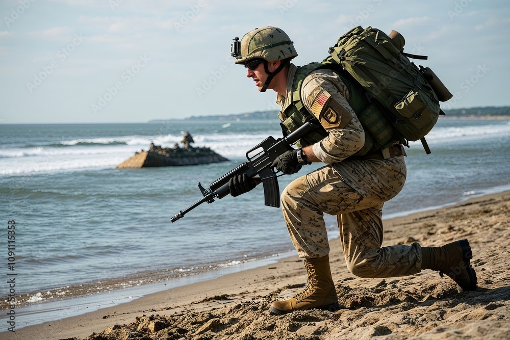 Naklejka premium Soldier Conducting Beach Landing Operations at Normandy Coast