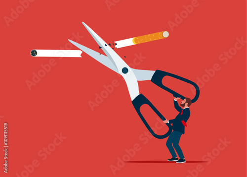 No smoking. Businessman uses scissors to cut cigarette out. Flat vector illustration.