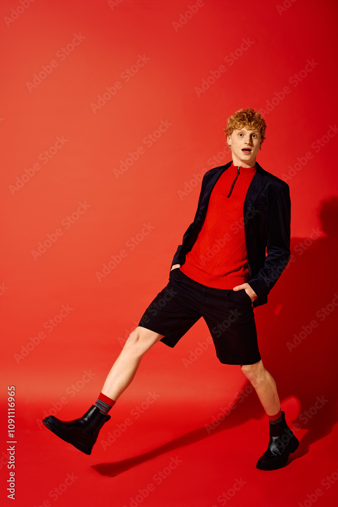 Sporting a striking holiday ensemble, a man with curly hair poses confidently in a vivid red setting. Sporting a striking holiday ensemble, a man with curly hair poses confidently in a vivid red setting.