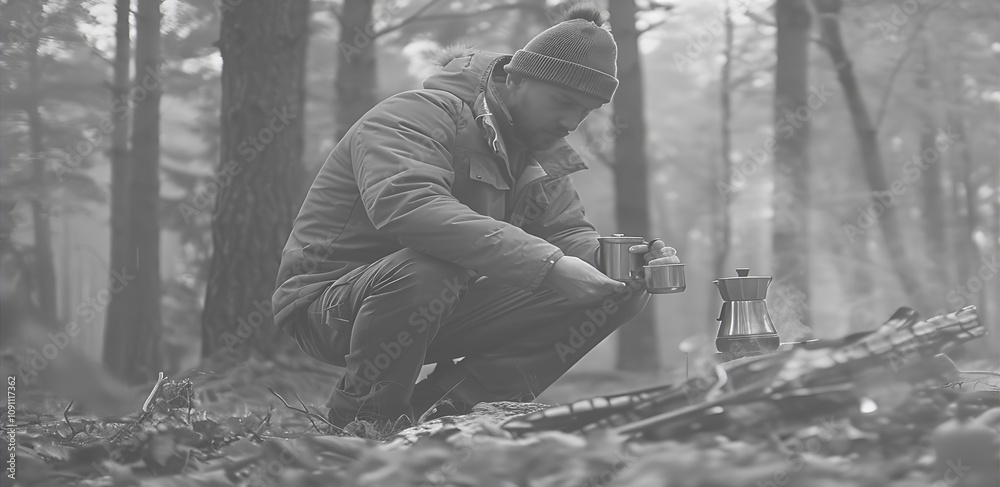 Fototapeta premium A man enjoys a quiet moment in the woods, brewing coffee over a campfire.