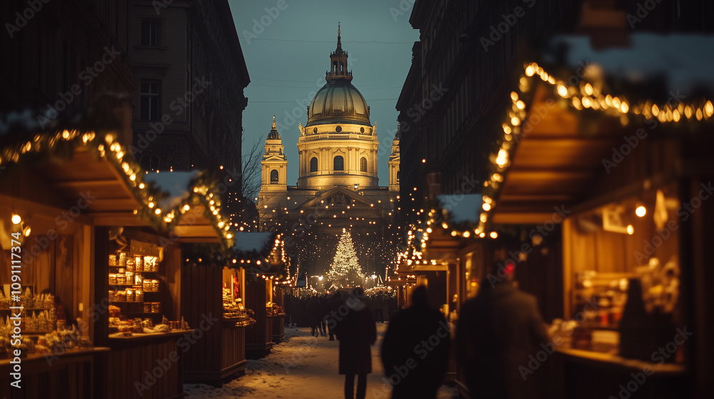 Naklejka premium Budapest Christmas Market, the city square is decorated with sparkling Christmas lights, wooden stalls selling typical Hungarian knick-knacks and traditional food, Ai generated images
