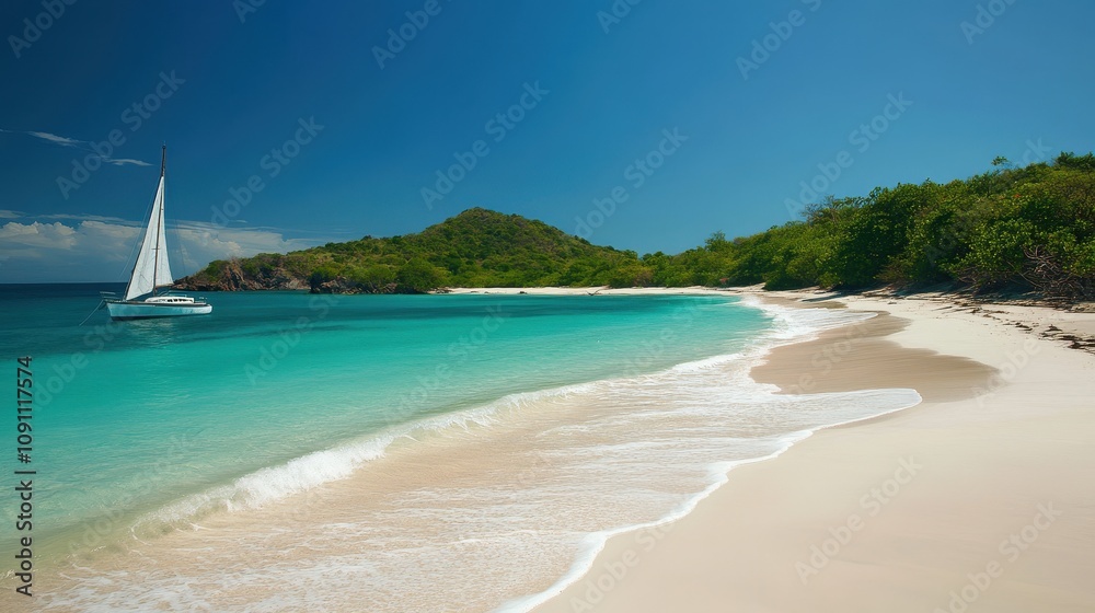 Fototapeta premium A serene tropical beach with soft white sand, crystal-clear turquoise water, and a sailboat gently anchored at the shore under a bright blue sky