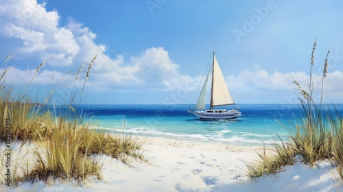 A tranquil beach scene with soft white sand, clear blue water, and a classic sailboat moored near the shore under a clear sky