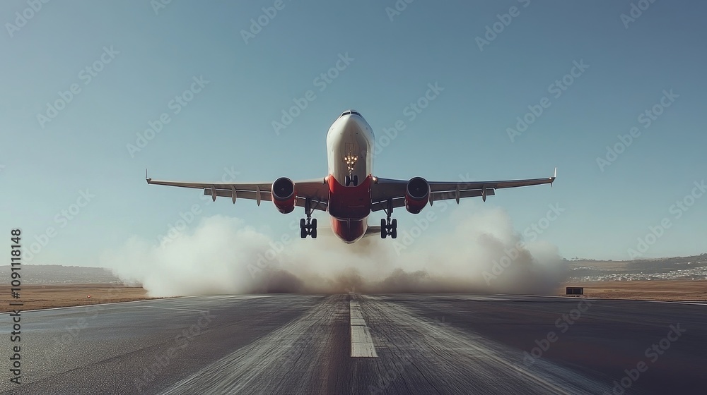 Naklejka premium Airplane Taking Off from Runway at Sunrise, Dust Clouds Lifted in the Air with Bright Blue Sky in Background, Symbolizing Travel and Adventure