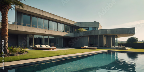 Wallpaper Mural futuristic brutalist villa building in the hill, created by generative ai Torontodigital.ca