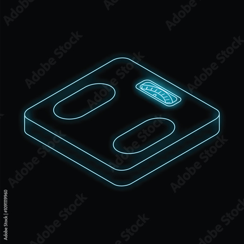 Bathroom scale glowing with blue neon light on black background, concept of weight loss, diet and healthy lifestyle