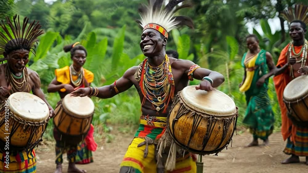 An African tribal man in a colorful costume plays a drum while others watch.