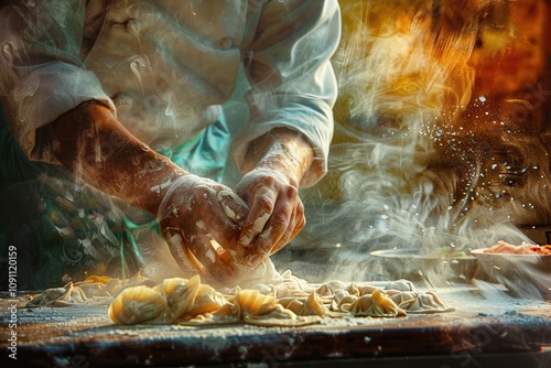 dim sum dumpling Boiled. Hands kneading dough with flour splashes