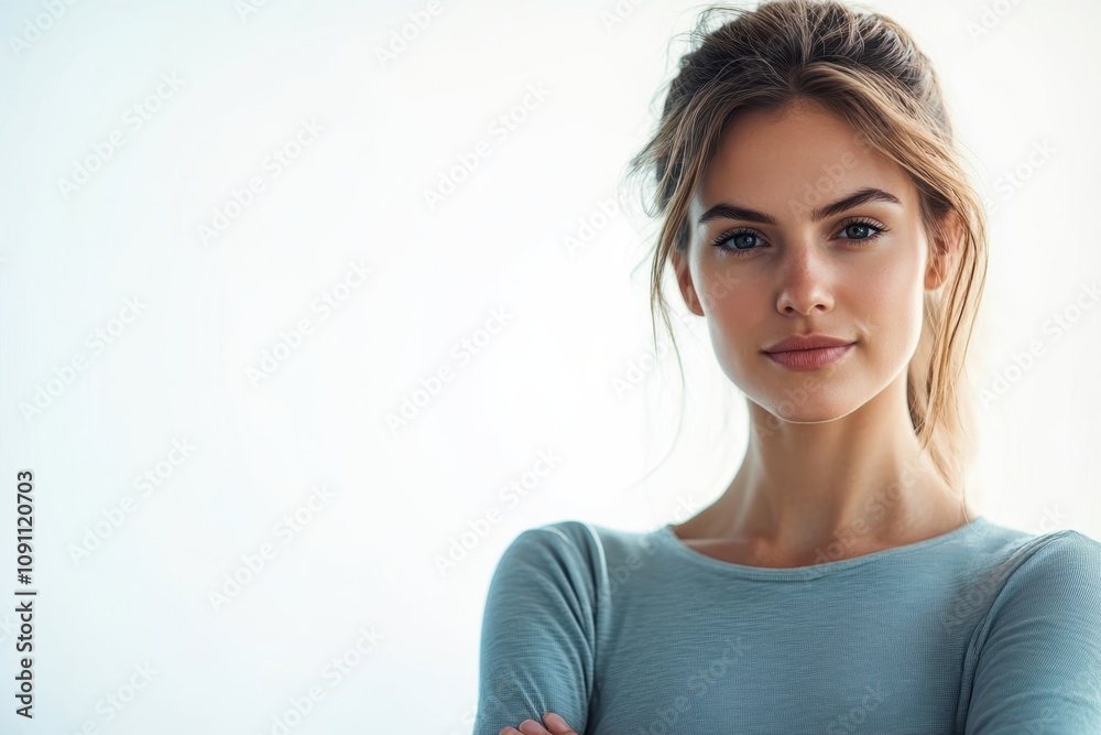 Fototapeta premium Young woman with a confident expression poses against a light background in a casual setting