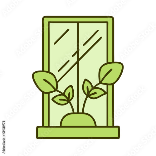 Window illustration with green plants on the sill