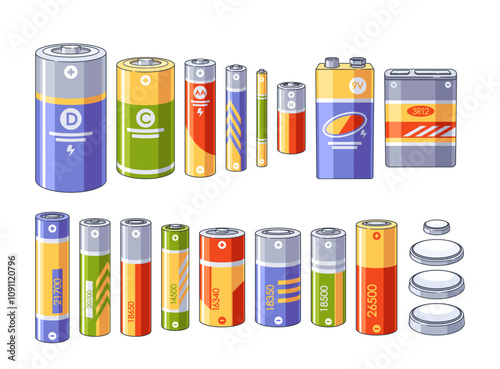 Different types of batteries and accumulators with various voltage capacities, sizes, shapes big set