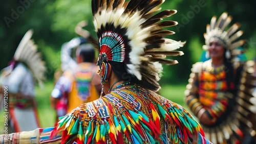 A man wearing a colorful feather headdress is surrounded by other people