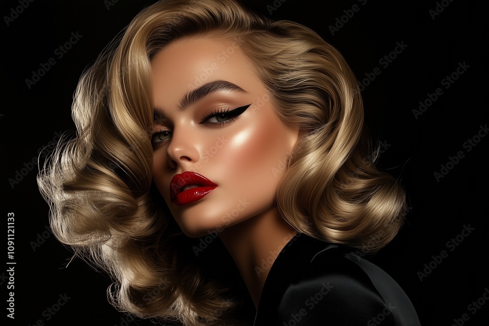 Fototapeta premium Elegant Classic Vintage-Inspired Portrait of Glamorous Model with Bold Makeup