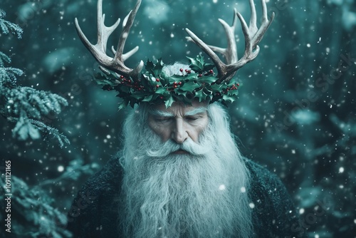 Korochun god or Czorneboh in winter forest. Wiccan religion. Yule, pagan New Year, winter holidays. Ded Moroz, Father Frost. Fantasy slavic folklore character. Winter fairytale scene  photo