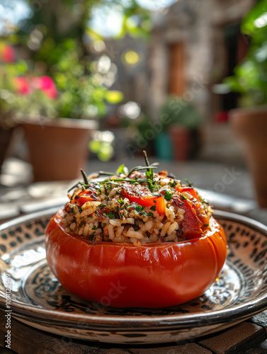 Stuffed tomato on a decorative plate outdoors.