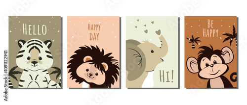 A set of festive templates for invitation cards for a birthday, holiday, party with funny animals. Vector illustrations.