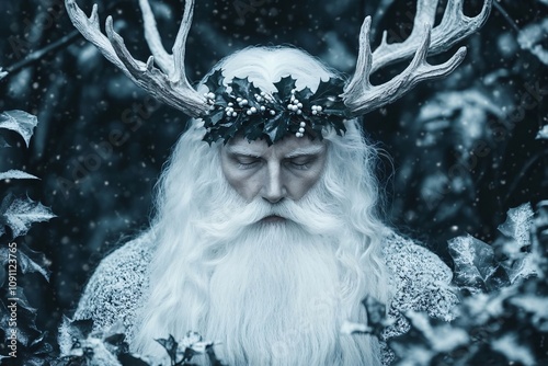 Korochun god or Czorneboh in winter forest. Wiccan religion. Yule, pagan New Year, winter holidays. Ded Moroz, Father Frost. Fantasy slavic folklore character. Winter fairytale scene  photo