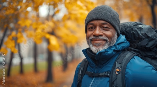 African-American senior man Smiling hiker enjoying autumn scenery in the park