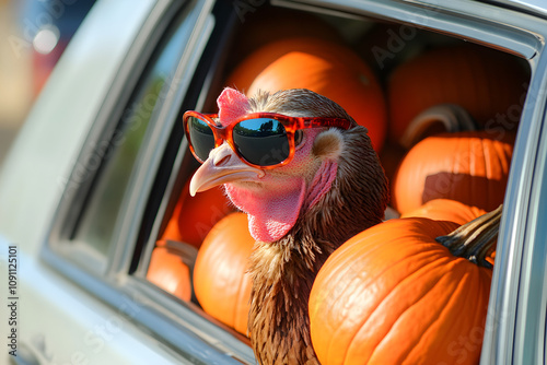 Cute thanksgiving turkey bird with sunglasses looking out of car filled with pumpkins. Generative Ai photo