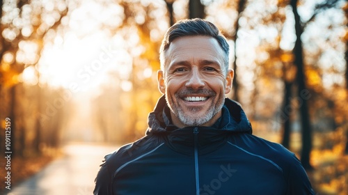 Smiling man enjoying an autumn walk in the park