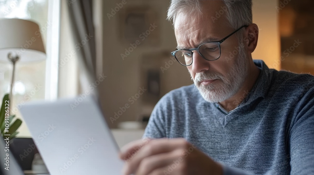 Obraz premium Thoughtful Senior Man Reading Paperwork at Home with Natural Light Illuminating His Features, Creating a Calm and Reflective Atmosphere for Personal Growth