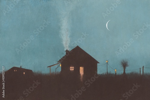 illustration of home in the countryside at the blue night