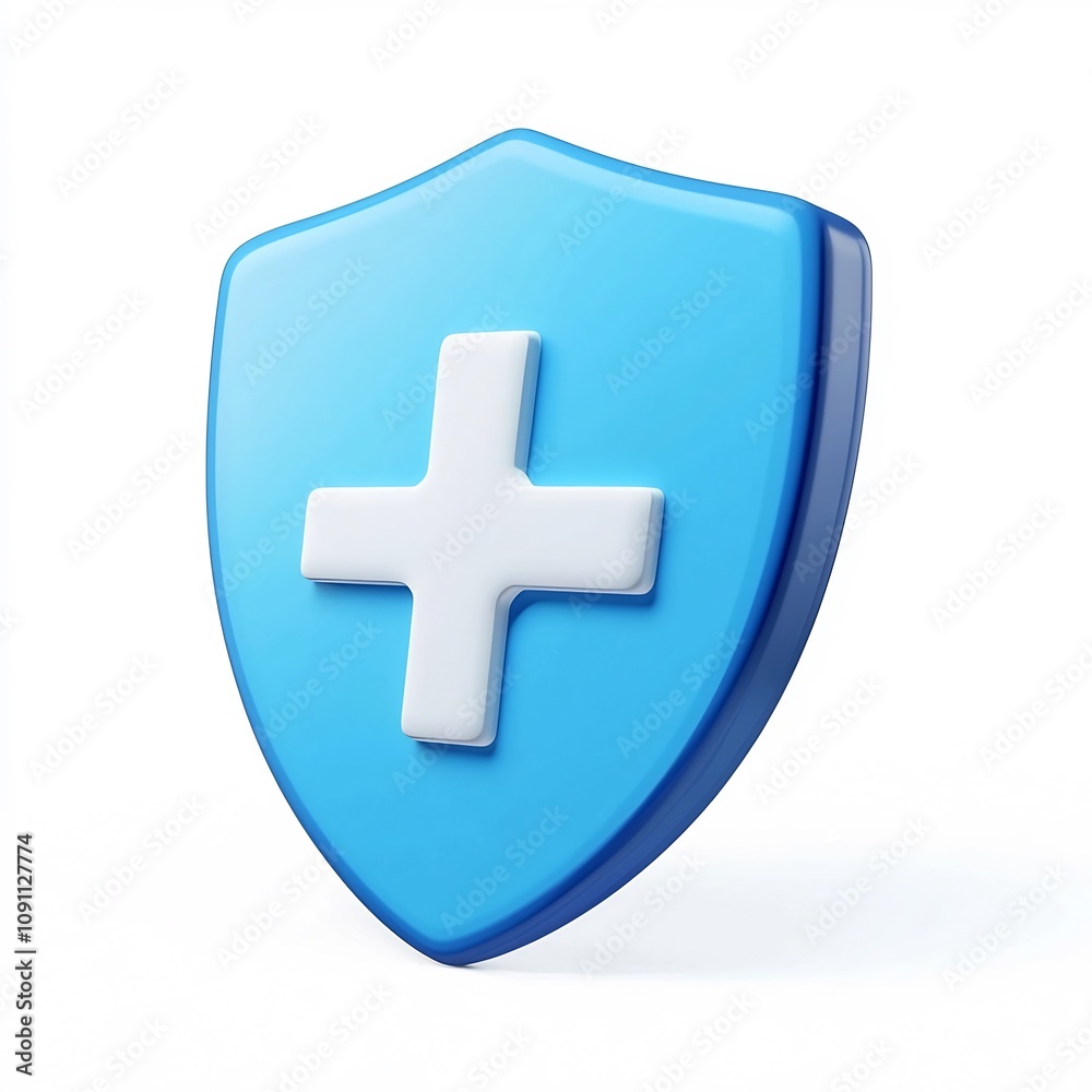 Fototapeta premium Simple Blue and White Plus Icon on Shield Symbolic