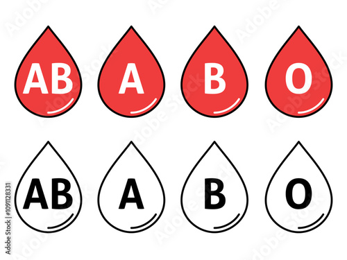 Blood type icons isolated on transparent background,  Blood donation concept outline icon, Drops of blood vector illustration.