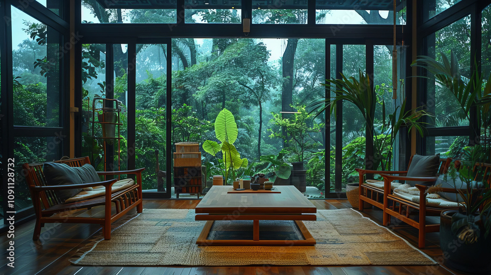 Modern Interior Design with Tropical Rainforest View and Wooden Furniture
